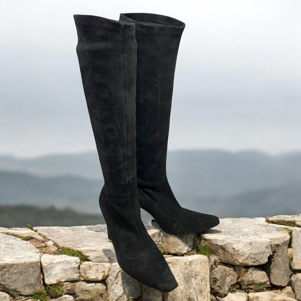 Bergdorf Goodman Black Suede Stretch Pull On Heeled Tall‎ Boots